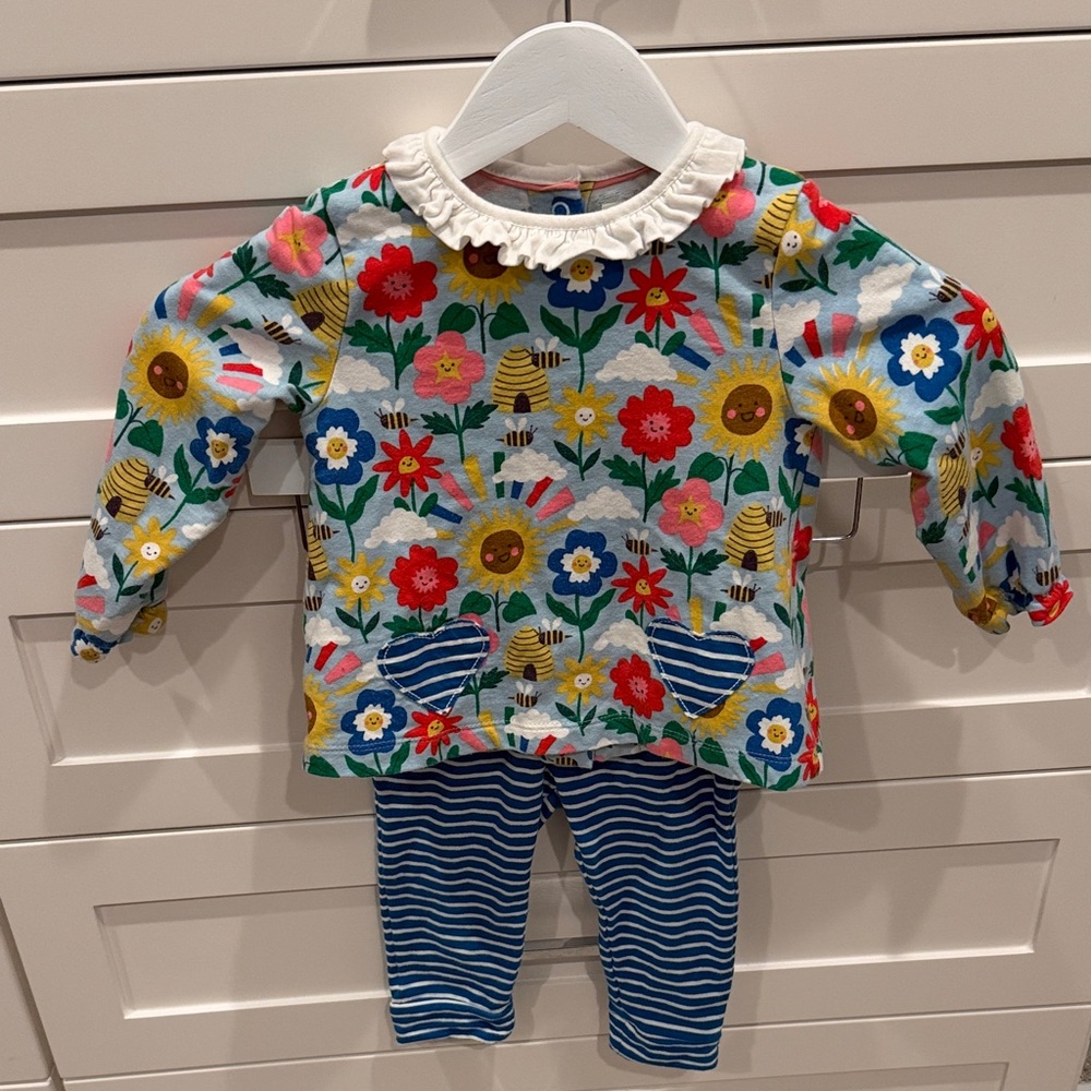Colorful Floral Baby Boden Outfit with Striped Pants
